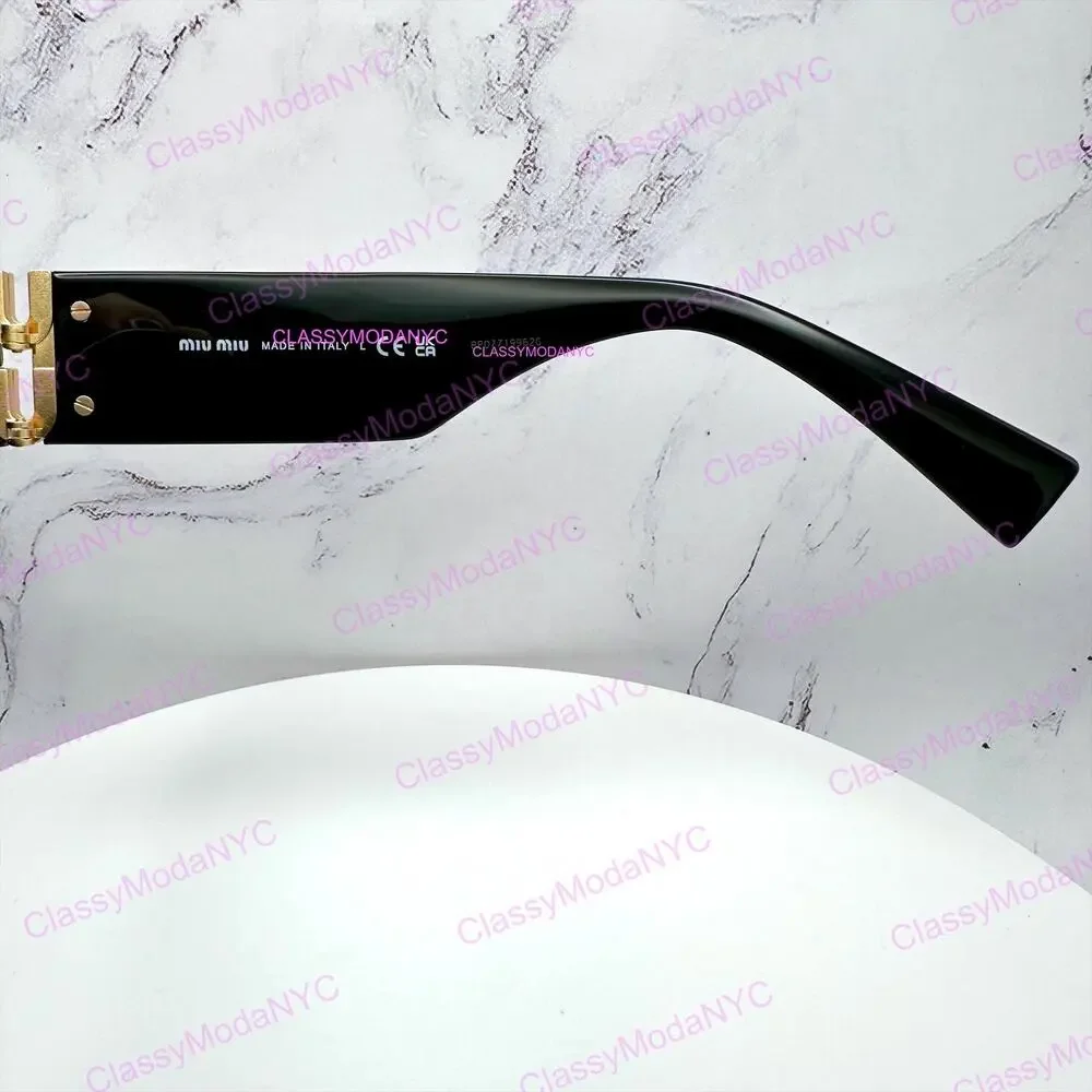 New MIU MIU Sunglasses Black Oval Acetate Gold Metal Logo Authentic Womens